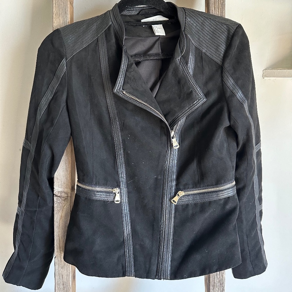 H&M Black Suede Jacket with Leather Details & Gold Hardware - US Size 6